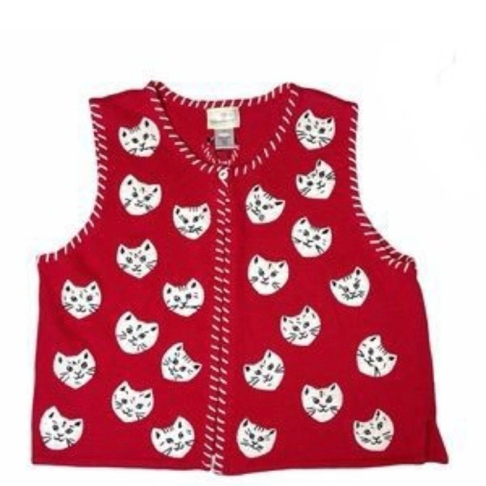 RARE! Susan Bristol Vintage Cat Heads Sweater Vest XL Red and White